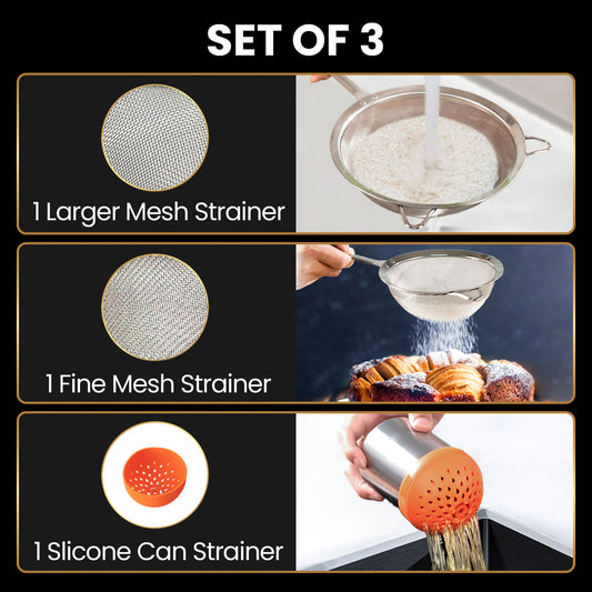 Set of three: one larger mesh strainer, one fine mesh strainer, one silicone can strainer