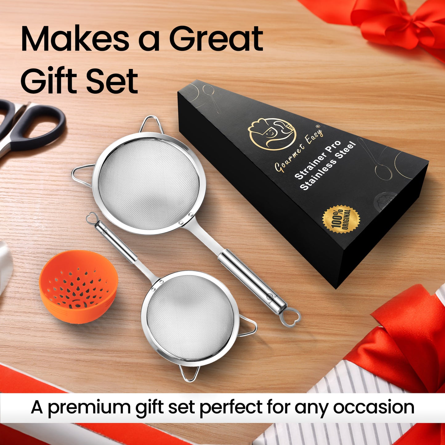 Strainer Set presented in a black gift box with ribbon
