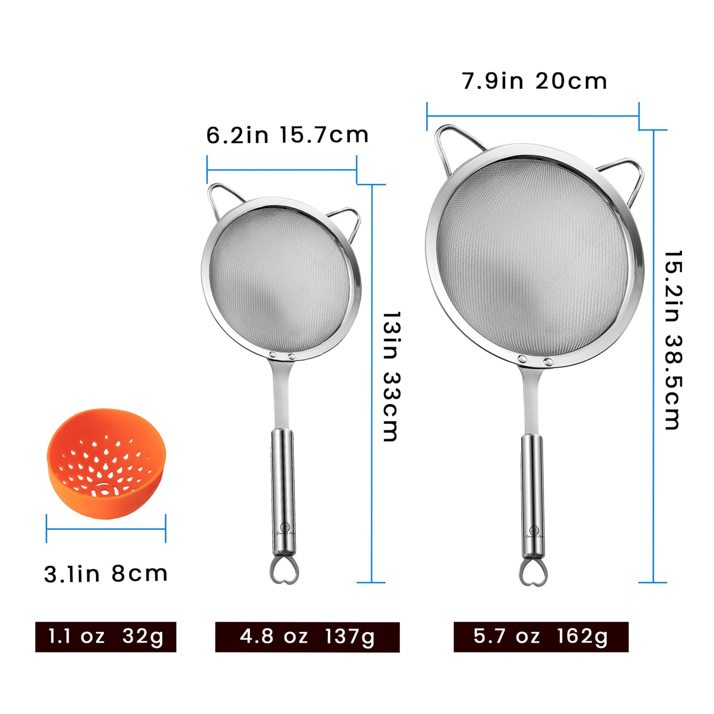 Strainer Set dimensions: 20 cm and 15.7 cm strainers plus an 8 cm can strainer