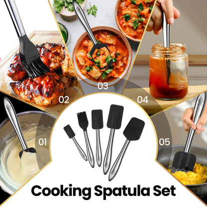 Cooking spatula set of five, shown in use across five dishes