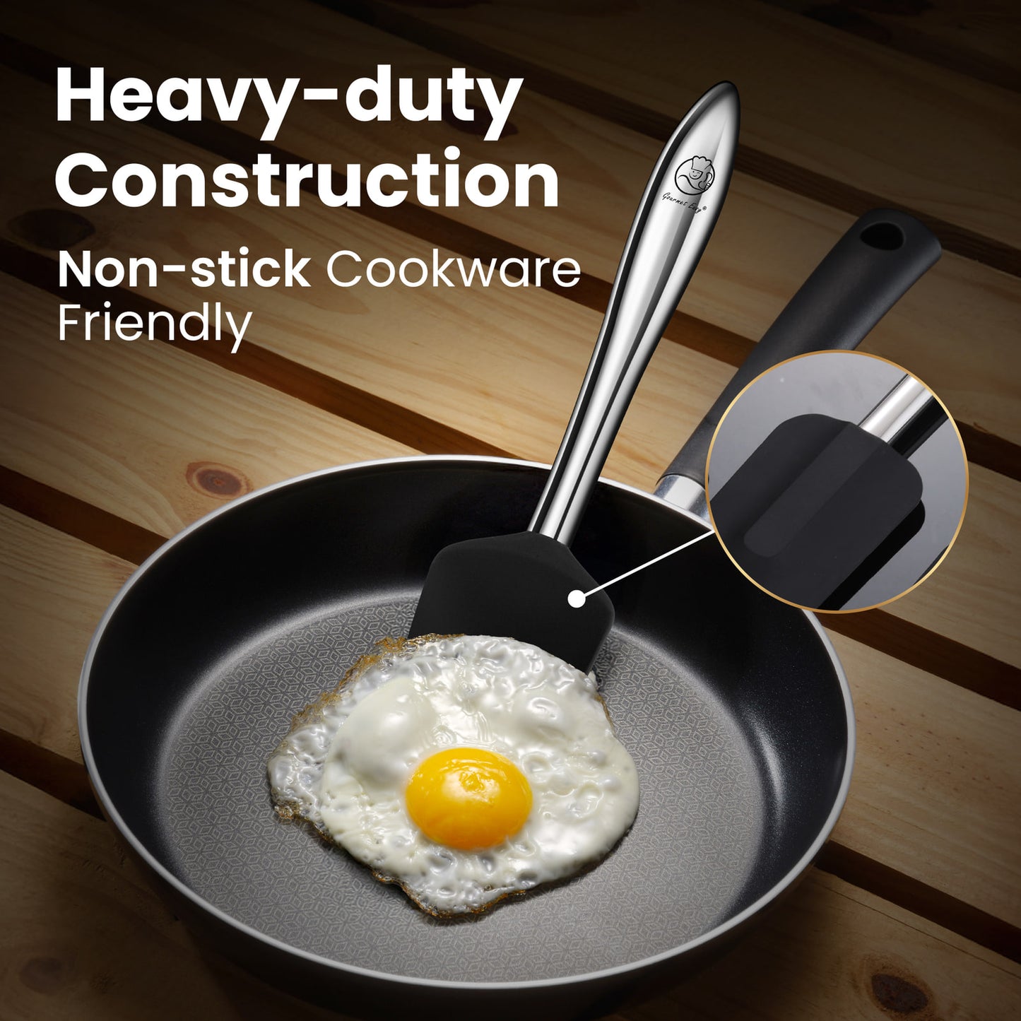 Heavy-duty construction, friendly on non-stick cookware — turning a fried egg