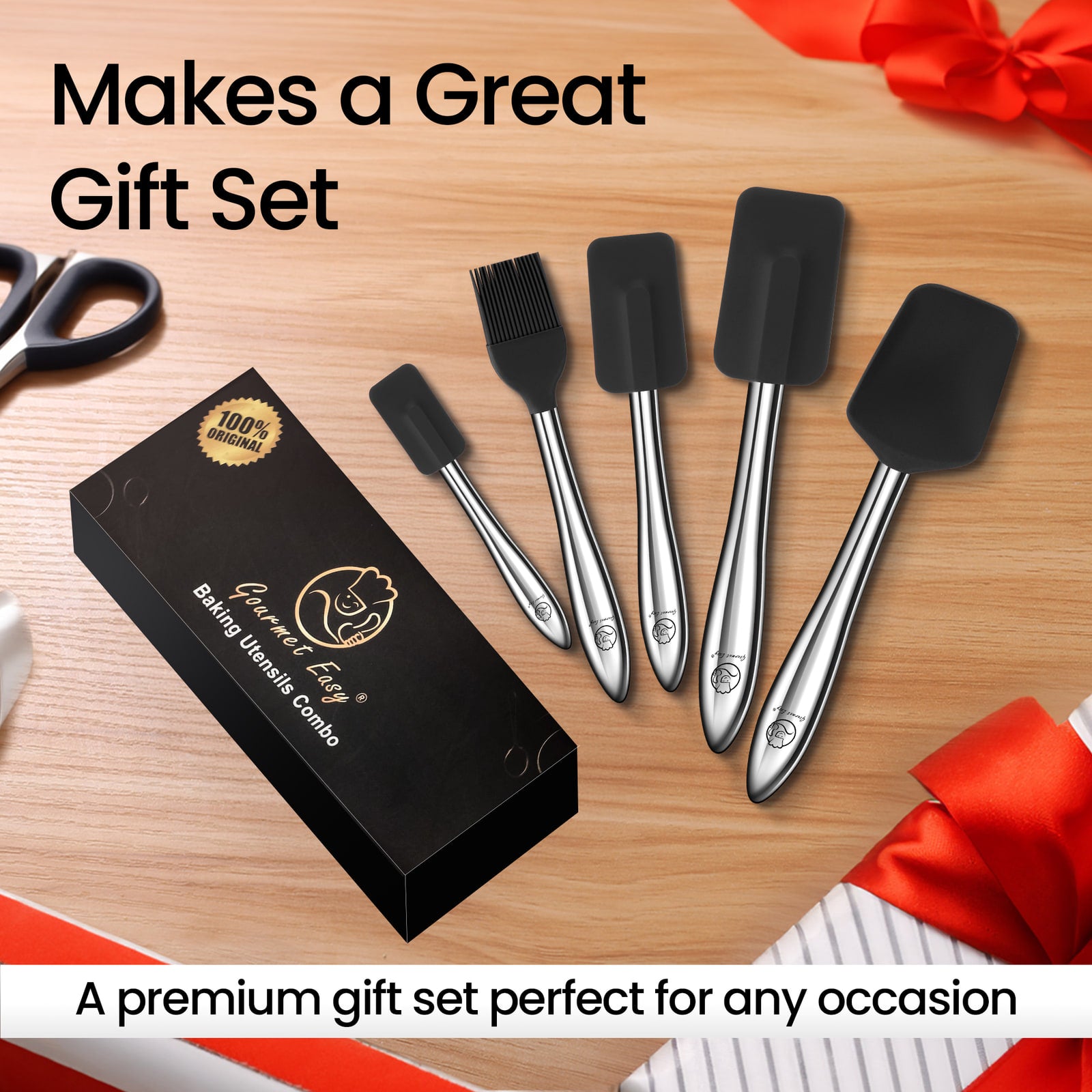 5pcs Kitchen Utensils Set presented in a black gift box with ribbon