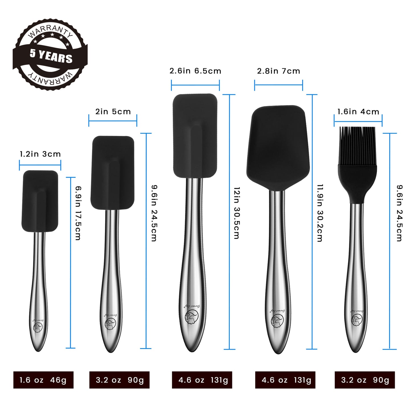 Sizes of all five utensils, from a 17.5 cm spatula to a 24.5 cm brush, with a 5-year badge