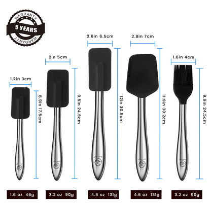 Sizes of all five utensils, from a 17.5 cm spatula to a 24.5 cm brush, with a 5-year badge