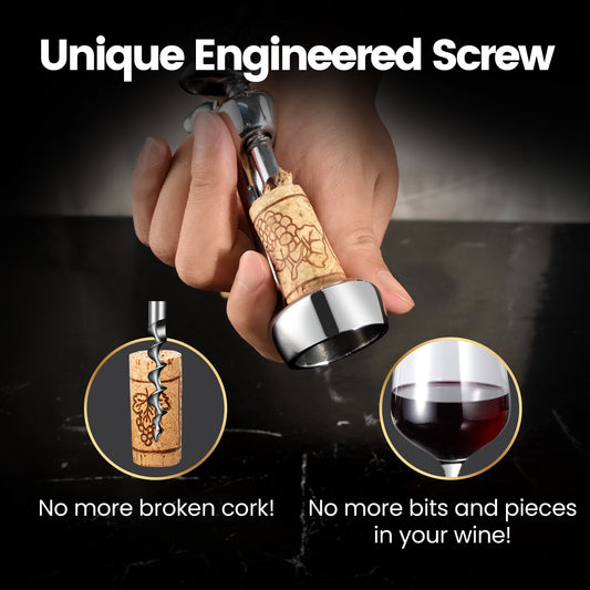 Unique engineered screw — no more broken corks, no bits and pieces in your wine
