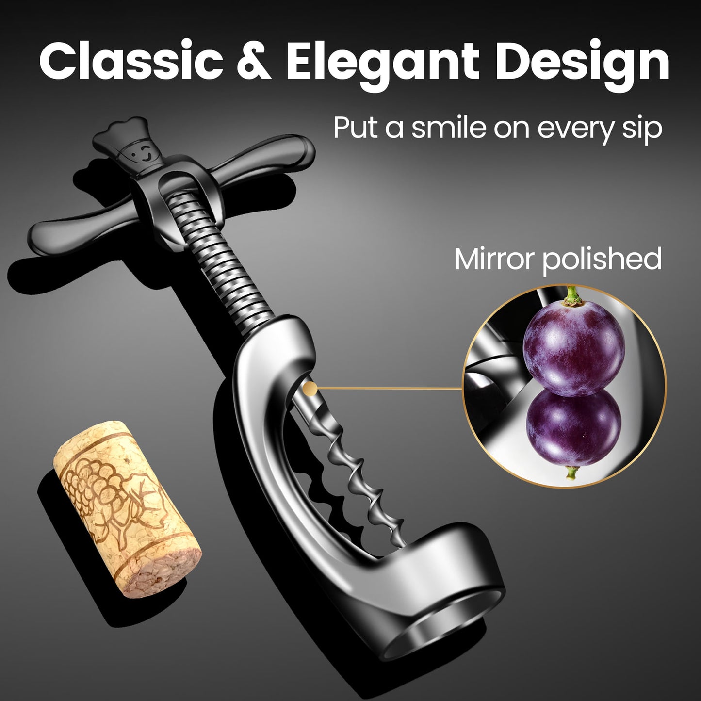 Classic and elegant mirror-polished design, shown with a cork and grapes