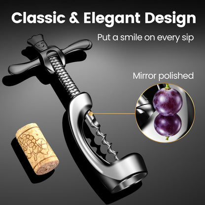 Classic and elegant mirror-polished design, shown with a cork and grapes