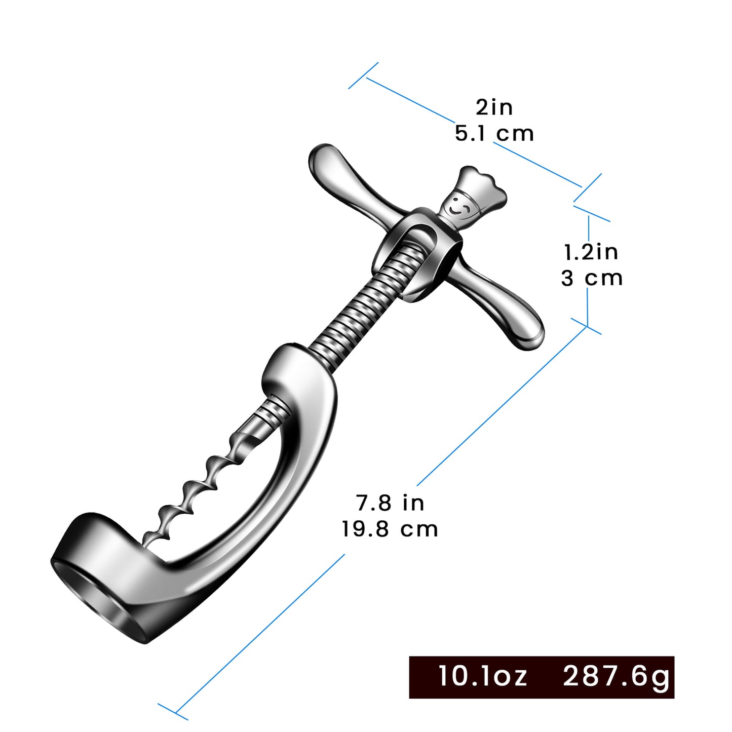 Wine Opener dimensions: 7.8 in tall, 2 in wide, 10.1 oz