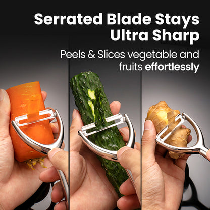 Serrated blade stays ultra sharp — peeling carrot, cucumber and potato