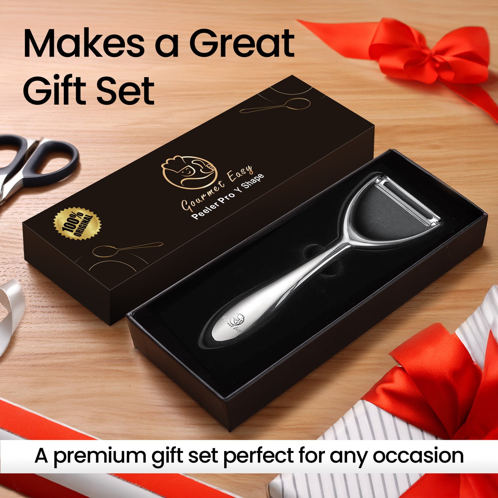 Y Peeler presented in a black gift box with ribbon