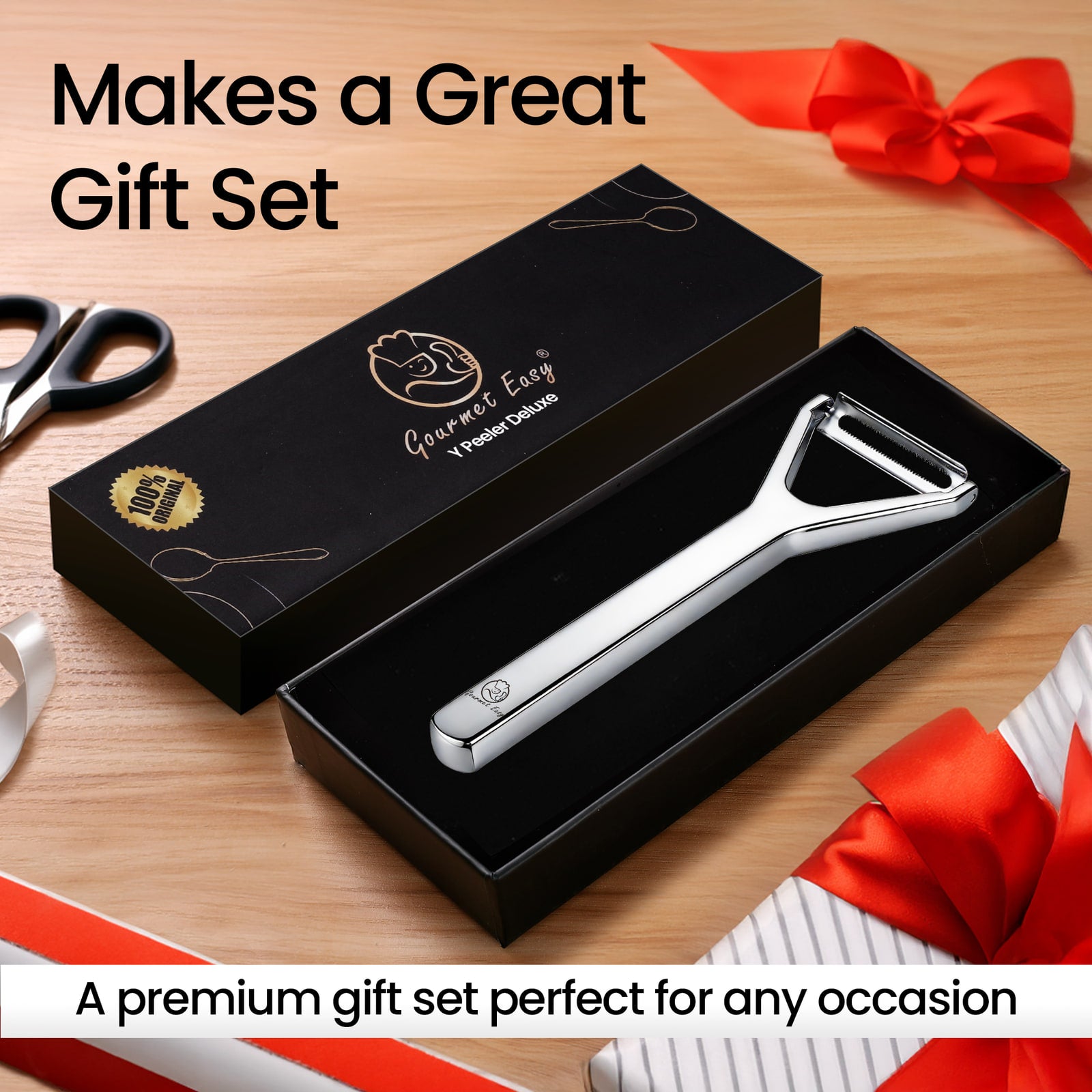 Y Peeler Deluxe presented in a black gift box with ribbon