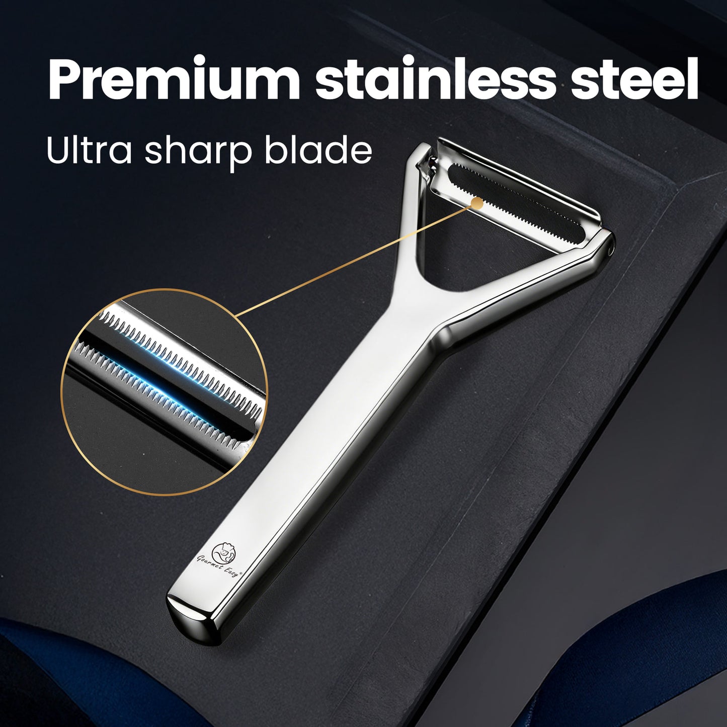 Premium stainless steel with an ultra sharp blade, shown close up