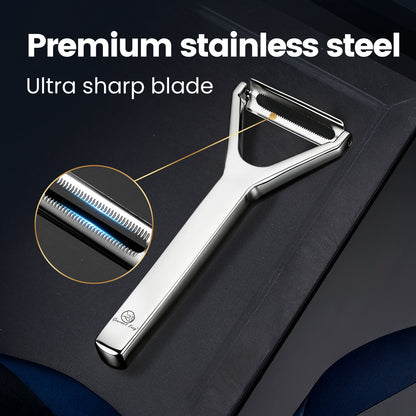 Premium stainless steel with an ultra sharp blade, shown close up