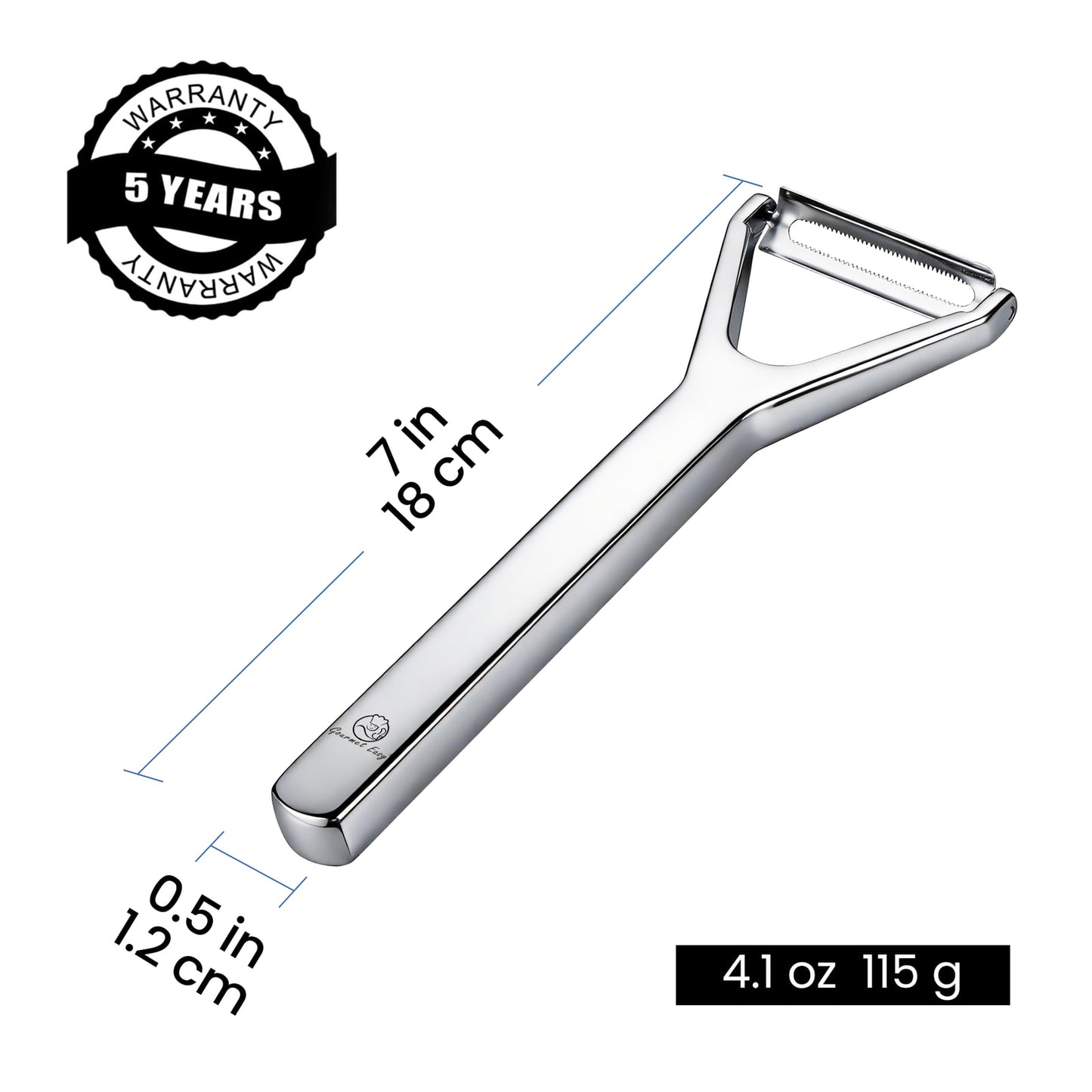 Y Peeler Deluxe dimensions: 7 in long, 0.5 in wide, 4.1 oz, with a 5-year warranty badge