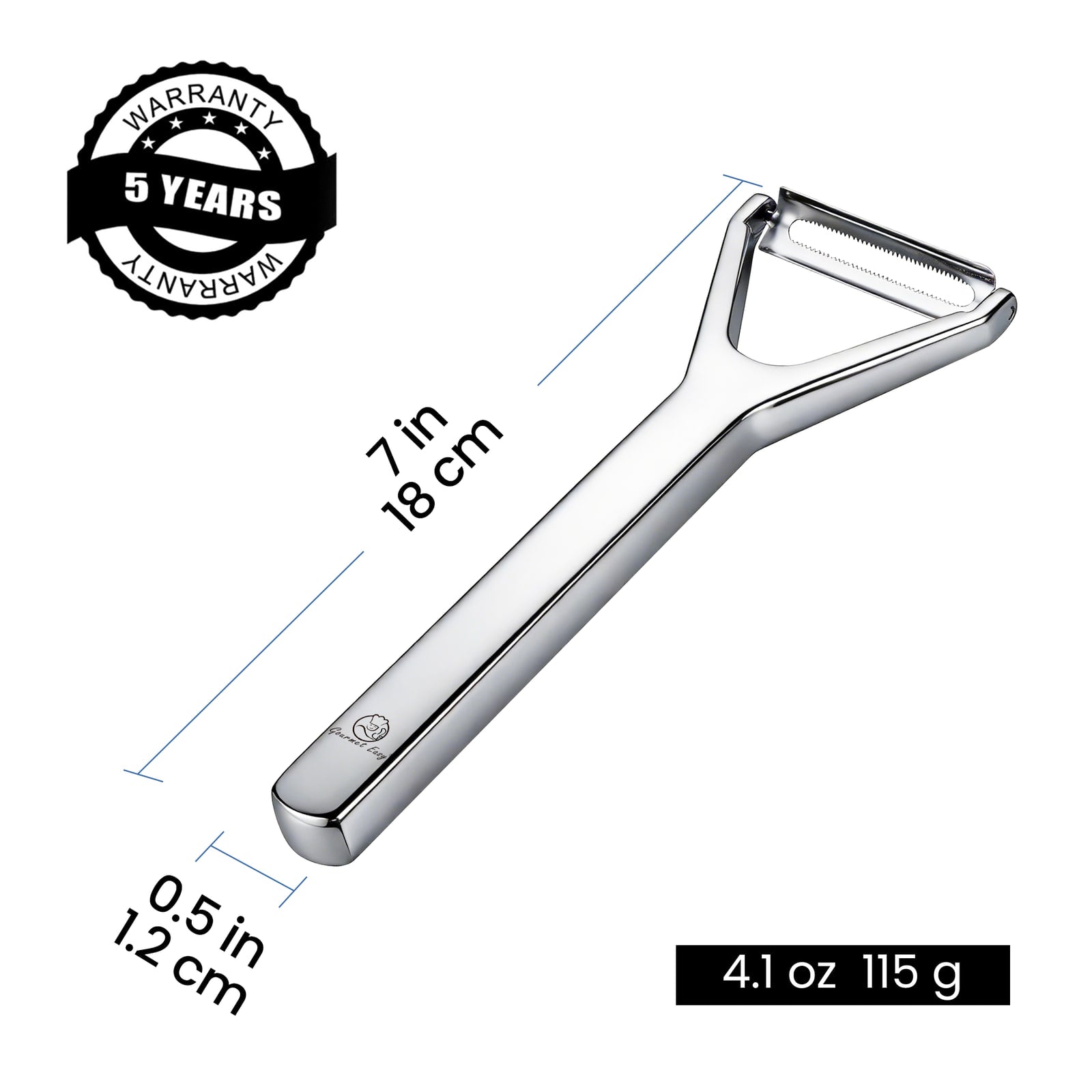 Y Peeler Deluxe dimensions: 7 in long, 0.5 in wide, 4.1 oz, with a 5-year warranty badge