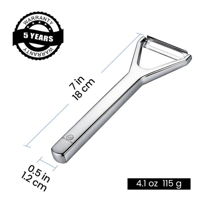 Y Peeler Deluxe dimensions: 7 in long, 0.5 in wide, 4.1 oz, with a 5-year warranty badge