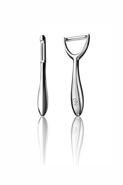 The Gourmet Easy Peeler Kit: the straight I Peeler and the wide Y Peeler, both in mirror-polished stainless steel